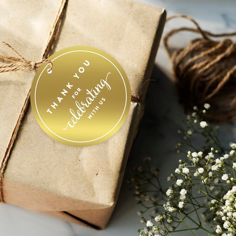 Andaz Press Round Circle Favor Gift Tags, Metallic Gold Ink, Thank You for Celebrating with US, 24-Pack, for Baby Bridal Shower, Wedding Decor - Image 2